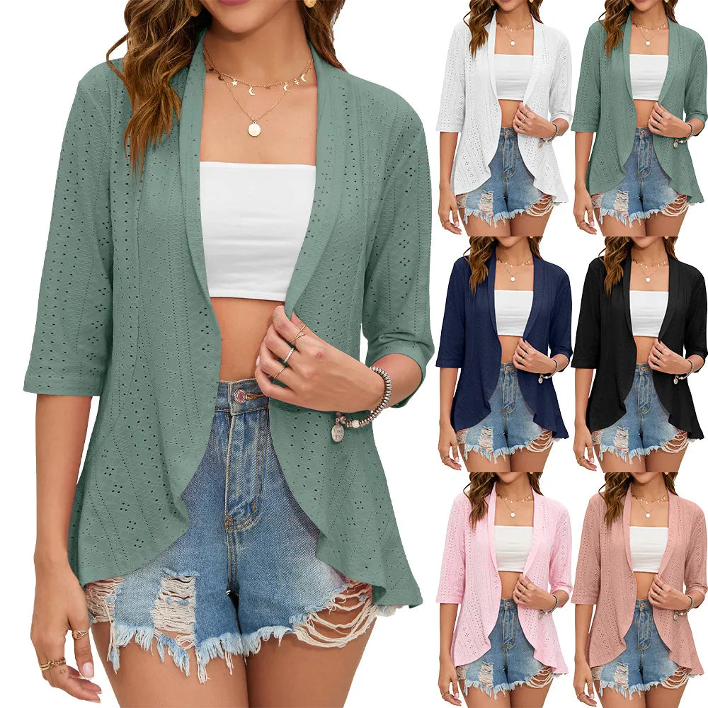 2023 Summer Fashion Ladies Hollow Out Cardigan Boho Tops Women Beach Outwear Casual Three Quarter Sleeve Sunscreen Shirt