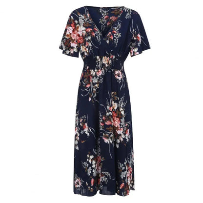 Plus Size Summer Dress Women Floral Chiffon V-Neck Short-sleeved Dress Elastic High Waist Bohemian Dress