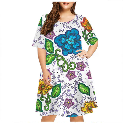 Gradient Blue Rose Flowers Print Dress Women Elegant Short Sleeve O-Neck Party Mini Dress Loose Plus Size Clothing 6XL Sundress