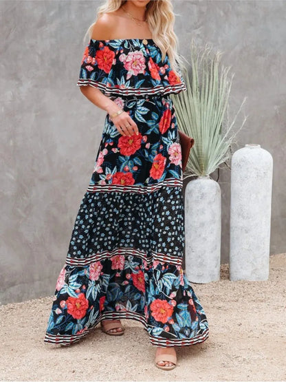 Summer Women Print Boho Dress Fashion Sexy Slash Neck Maxi Dresses For Femme Casual Elegant Party Vestidos Robe 2023 New Female