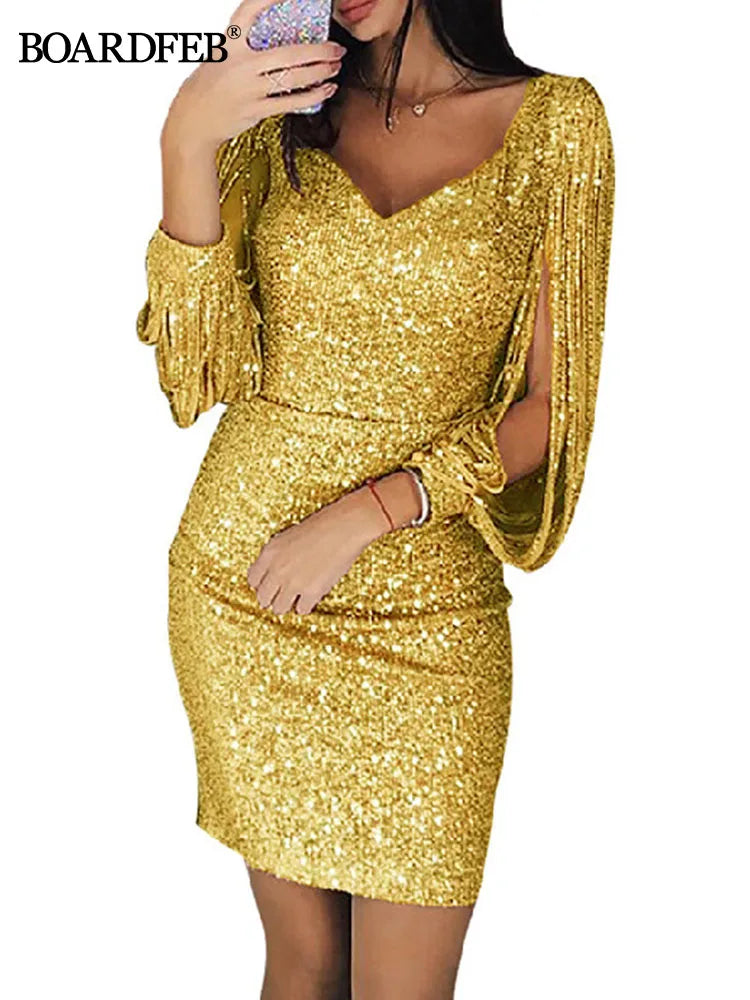 Women Sequin Dress Glitter Sparkle Sexy V Neck Summer Short Dress Tassel Shining Club Sheath Long Sleeve Mini Dress for Party