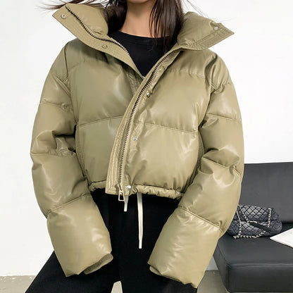 Gidyq Winter Pu Leather Cropped Parkas Women Fashion Streetwear Thick Warm Down Jacket Female All Match Zipper Puffty Outerwear