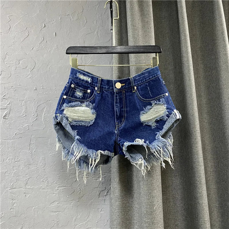 Black Denim Shorts Women's Torn Holes Rough Edges Jeans Shorts 2023 New Summer Korean Low-rise A-shaped Hot Pants