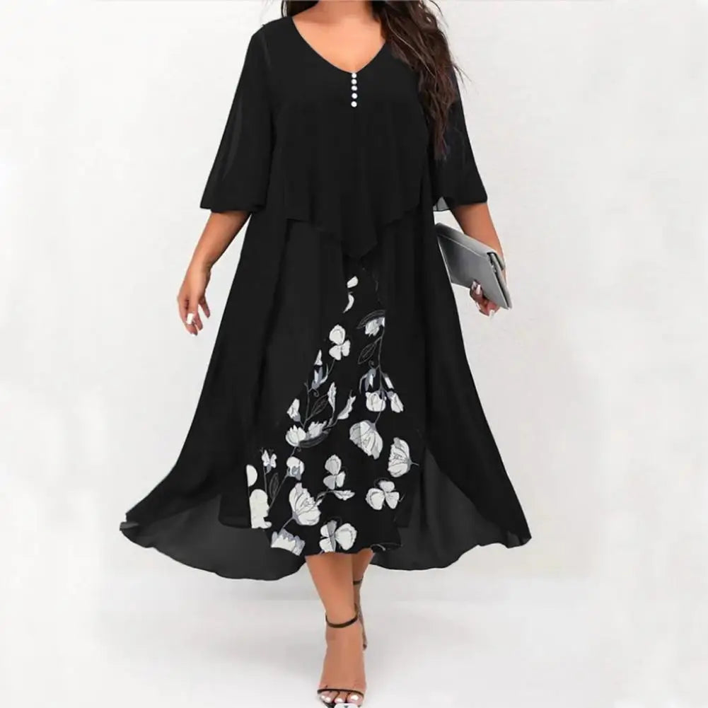 Stylish Women Dress Loose Waist Button Decor Floral Pattern Female Long Dress  Plus Size Maxi Dress for Work