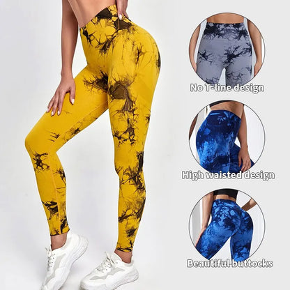 Tie Dye Yoga Pants Sport Leggings Women High Waist Hip Lift Seamless Jacquard Running Fitness Workout Gym Clothing