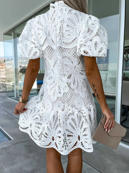 White Lace Dress Women Summer Sexy Hollow Out Embroidered Mini Dresses Female Vintage Elegant Fashion Puff Sleeve Short Dresses