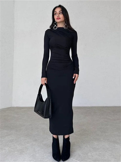 Tossy Pleated Long sleeved Slim Maxi Dress Women Solid Fashion Elegant Party Dress Gown Off-Shoulder High Waist Bodycon Dress