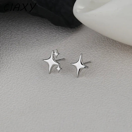 CIAXY Silver Color Asymmetric Four-pointed Star Earrings for Women Super Fairy Stud Earring Simple Jewelry Hot Sale Gift