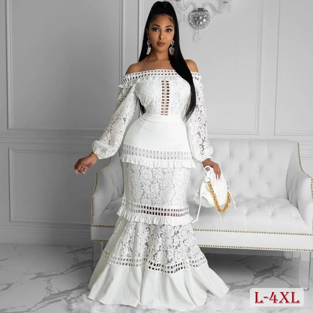 M-4XL Plus Size Elegant Women Wedding Dress Lady Lace White Hollow Birthday Party Dresses Classy Female Prom Ruffled Vestido