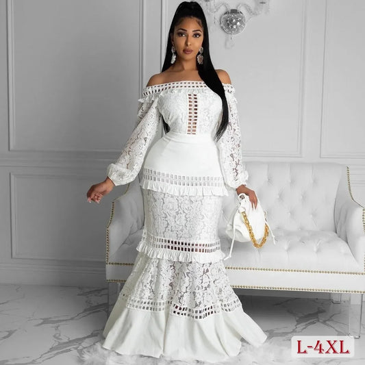 M-4XL Plus Size Elegant Women Wedding Dress Lady Lace White Hollow Birthday Party Dresses Classy Female Prom Ruffled Vestido