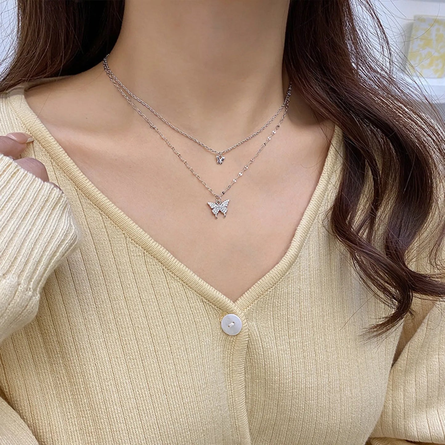 Elegant Necklace For Women Butterfly Necklace Shiny Double Clavicle Chain Pendant Anniversary Gift Jewelry Collares Para Mujer
