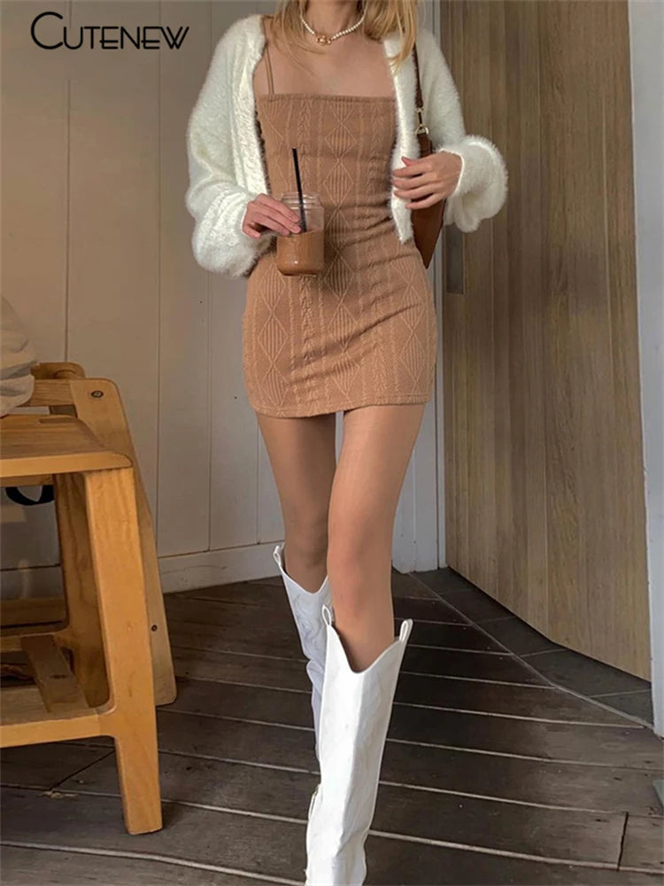 Cutenew Summer Fashion Elegant Strap Mini Dress Women 2021 Solid Green Knit Casual Streetwear Stretch Slim Office Female Dresses