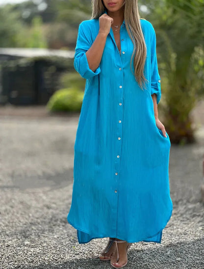 Elegant Women's Blue Cotton And Linen Collar Button Up Shirt Long Dress Women's Fashionable Casual Long Sleeved Cardigan Dresses