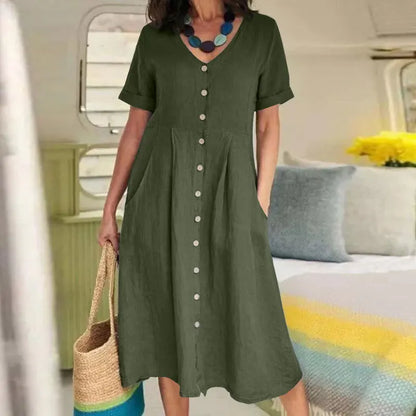 Women's Clothing Summer Casual V Neck Short Sleeve Cotton Linen Midi Dress Solid Loose High Waist Elegant Party Dresses Vestidos