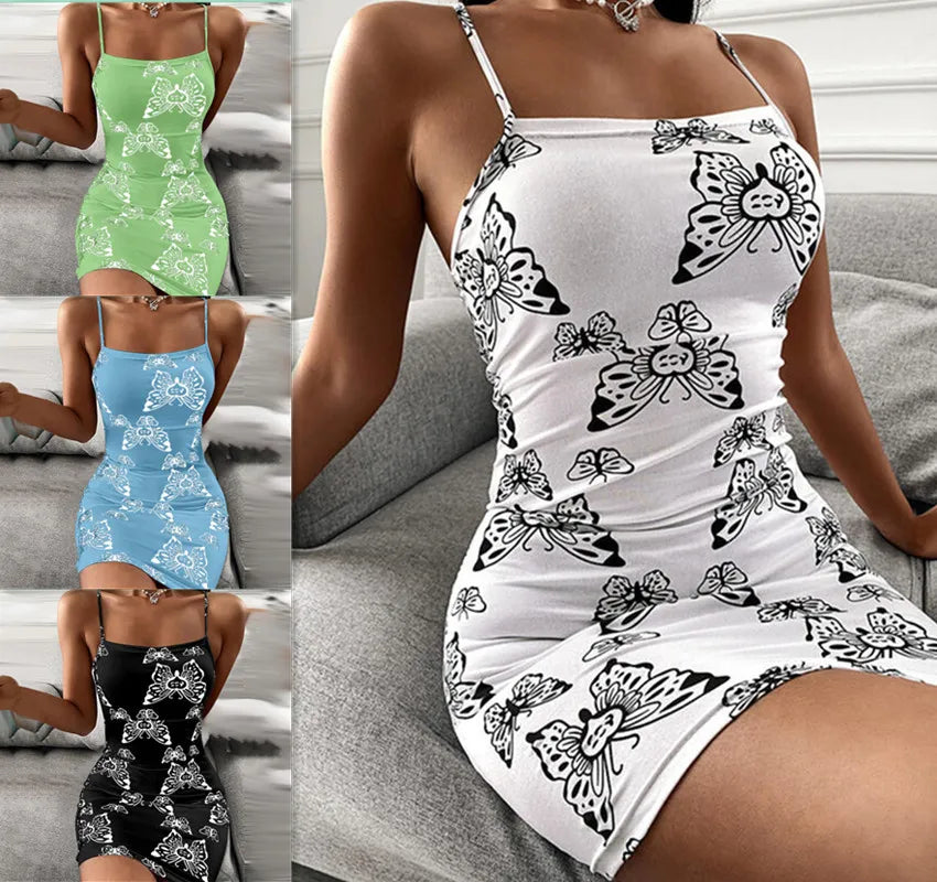 Sexy Sling Bodycon Mini Dresses For Women Sleeveless Slim Butterfly Print Black White Party Club Wear Bodycon Dress Vestidos 5XL