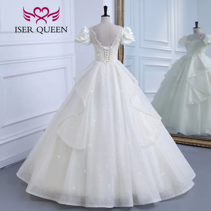 Customized Short Puff Sleeves Princess Wedding Dresses Europe Style 2024 New Gilter Tulle Quality Wedding Gown For Bride WX0308