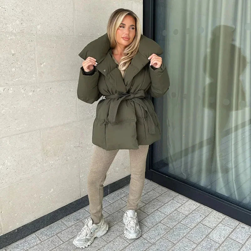 Malina Inverno Spessore Colletto alla coreana Parka Moda Donna Cravatta in vita Cappotti Donna Elegante Solido Giubbotti imbottiti corti Donna Donna