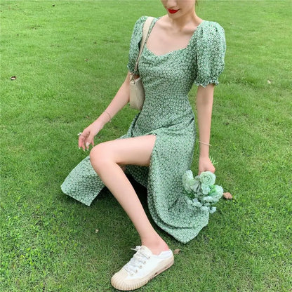 Women Summer Dress Bubble Sleeves High Split Loose Hem Square Neck Flower Print Shirring Tight Waist Midi Dress Female Clothes