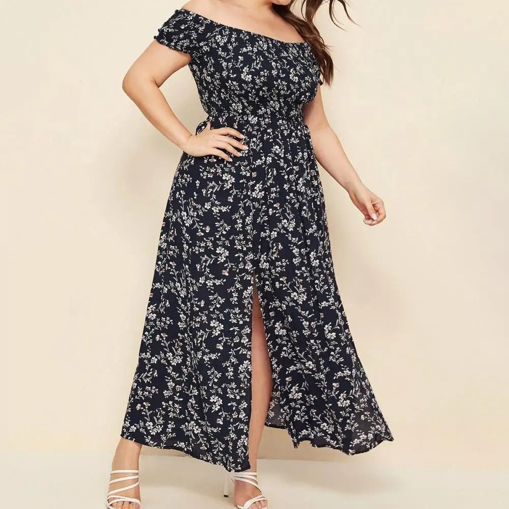 Elastic Chest Wrapped Boho Women Dress Plus Size Short Sleeve High Waist Split Flowy Hem Off Shoulder Floral Print Maxi  Dress