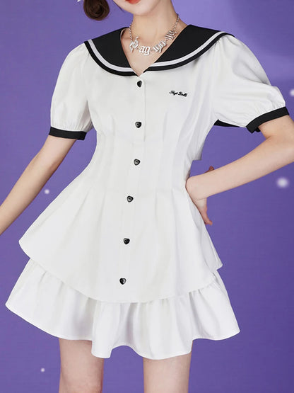 Summer Short Dresses Women Sweet White Dress Female Japanese Lolita Pleated Dress Ladies Preppy Style Sailor Collar Vestidos