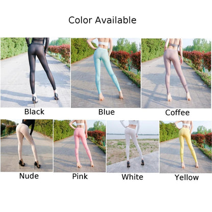 Sexy Silky See Through High Waist Slim Pencil Pants Tight Leggings Womens Elastic Sheer Thin Skinny Trousers Pantyhose Leggings