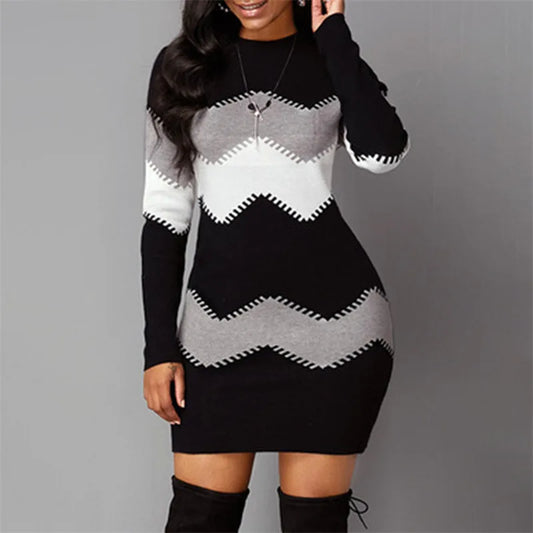 Women Elegant Patchwork Long Sleeve Warm Dress 2022 Autumn Winter Rib Knit Sweater Dress Casual Turtleneck Pullover Mini Dresses