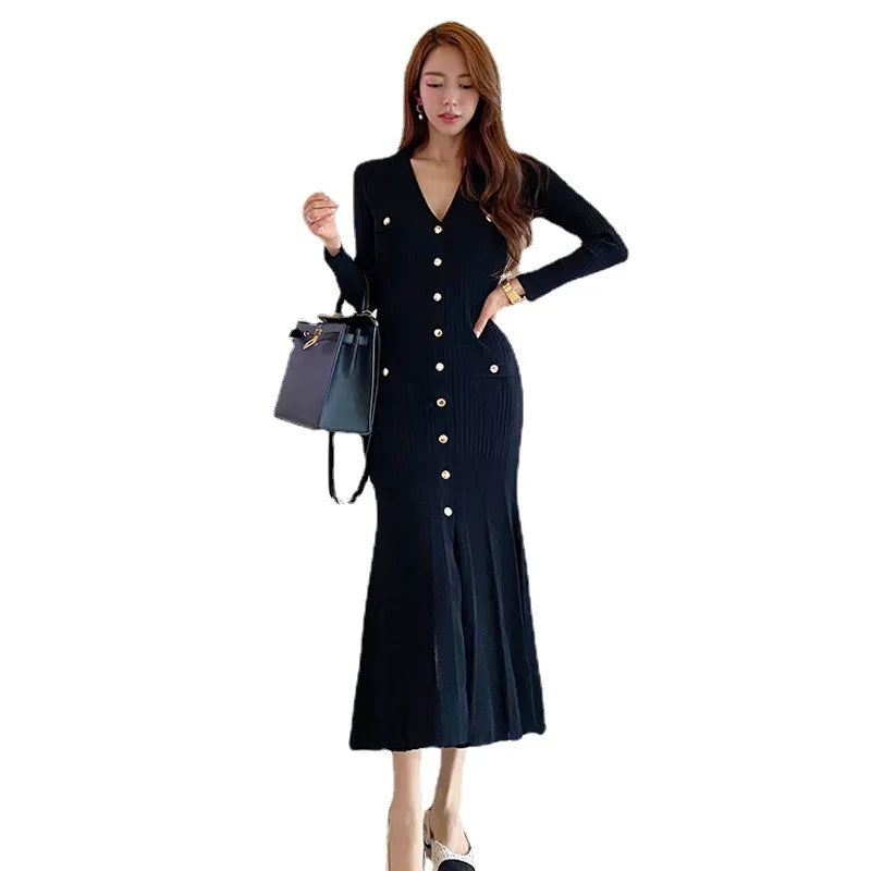 Vintage Maxi Dresses for Women Party Long Sleeve V-neck Mermaid Dress