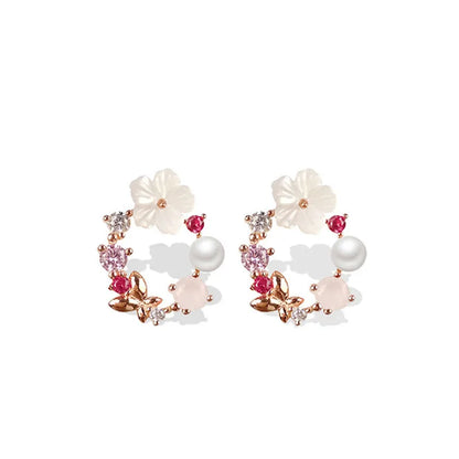 Y2k Pink Crystal Flower Pearl Butterfly Ear Studs Summer New Arrival Korean Fashion Luxury Hoop Earrings For Women Jewelry Gift