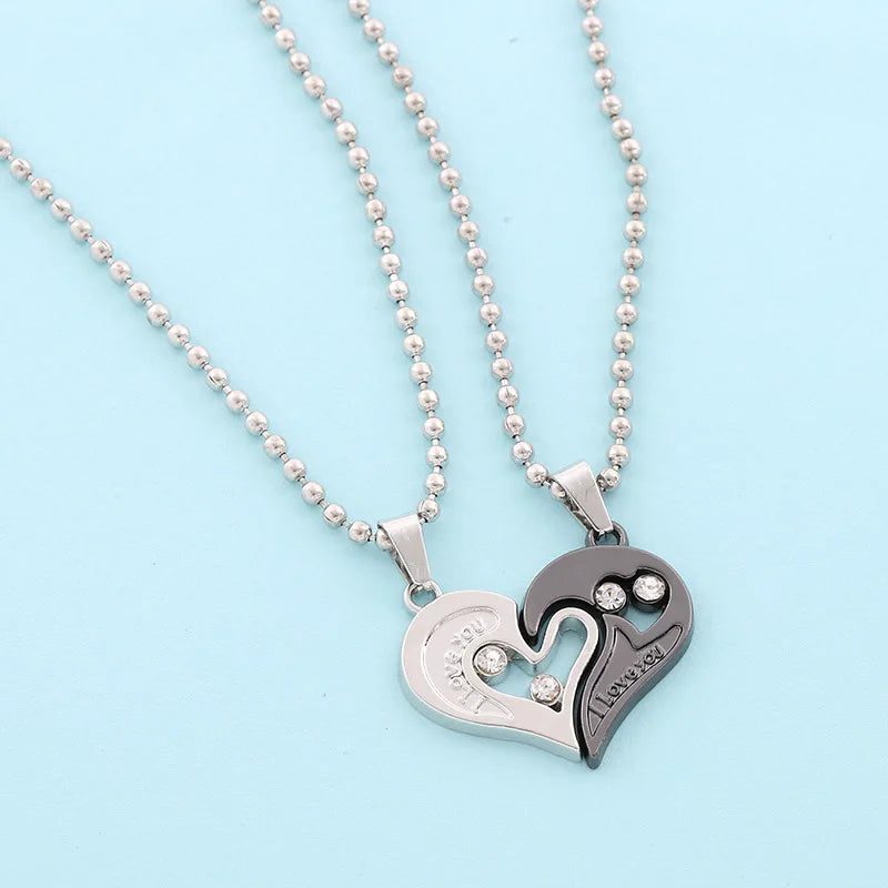 2Pcs/set Love Heart Couple Necklace For Women Men Two Colors Puzzle Hollow Zircon Heart Matching Pendant Valentine's Day Gift