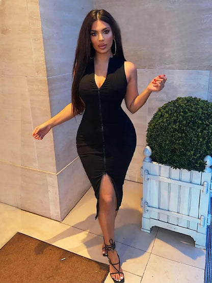 Silm Soild V-Neck Sleeveless Parti Dress For Sexy Women Clothes Evening Short Black Bodycon Mujer Zipper Summer Fashion Classy