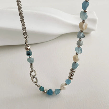 Trendy Blue Natural Stone Necklace for Women Summer Charm Irregularity Freshwater Pearl Choker Necklace Girls Jewelry Gift