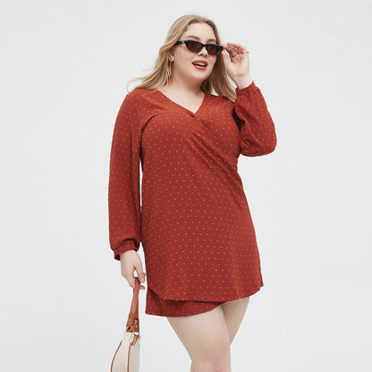 Plus Size 2024 New Fashion Swiss Dot Solid Dress Casual Polyester V Neck Long Sleeve Dress Women's Plus Size Clothing L055