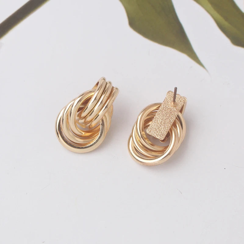 Three Layers Small Circle Knot Stud Earrings For Woman Maxi Geometric Exaggerated Trendy Metallic Gold Color Punk Jewelry