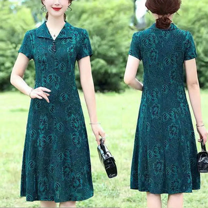 Women Long Dress Floral Printed V Neck Midi Dress for Middle-aged Women with Short Sleeves A-line Knee Length Spring Fall - Sri sampi