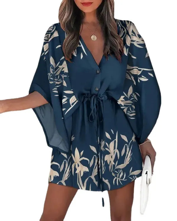 Casual Boho Beach Vacation Mini Dress Women Summer Print Lace Up Button Batwing Sleeve Dresses For Women's Loose Female Robe