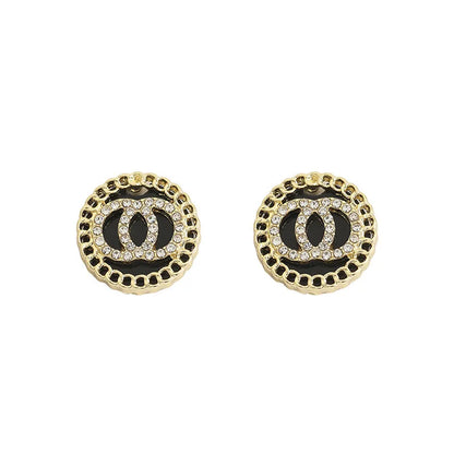 Black Enamel Crystal Double Round Circles Stud Earring for Women Korean Style Sweet Simple Jewelry Brincos Wholesale Girl Gift