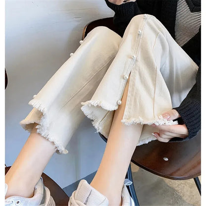 Korean Chic Slit Pearl Buttons Tassel Flare Jeans Women Fashion Slim Stretch Ankle-length Streetwear Women Pants New Women Pants