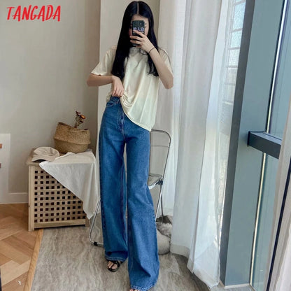 Tangada 2024 Women High Waist Overlength Jeans Pants Trousers Pockets Zipper Female Wide Leg Denim Pants 4M520