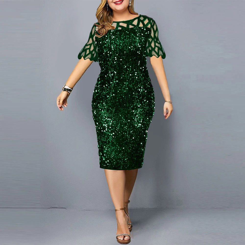 Big Size Clothing 2023 Summer Loose Short Sleeve Woman Dress Elegant Personalized Sequin Design Plus Size Dress Party Vestidos