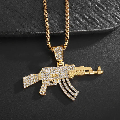 Hip Hop Ice Out Zircon Ak-47 Assault Rifle Pendant Necklace for Men Women Fashion Street Rock Rap Party Jewelry