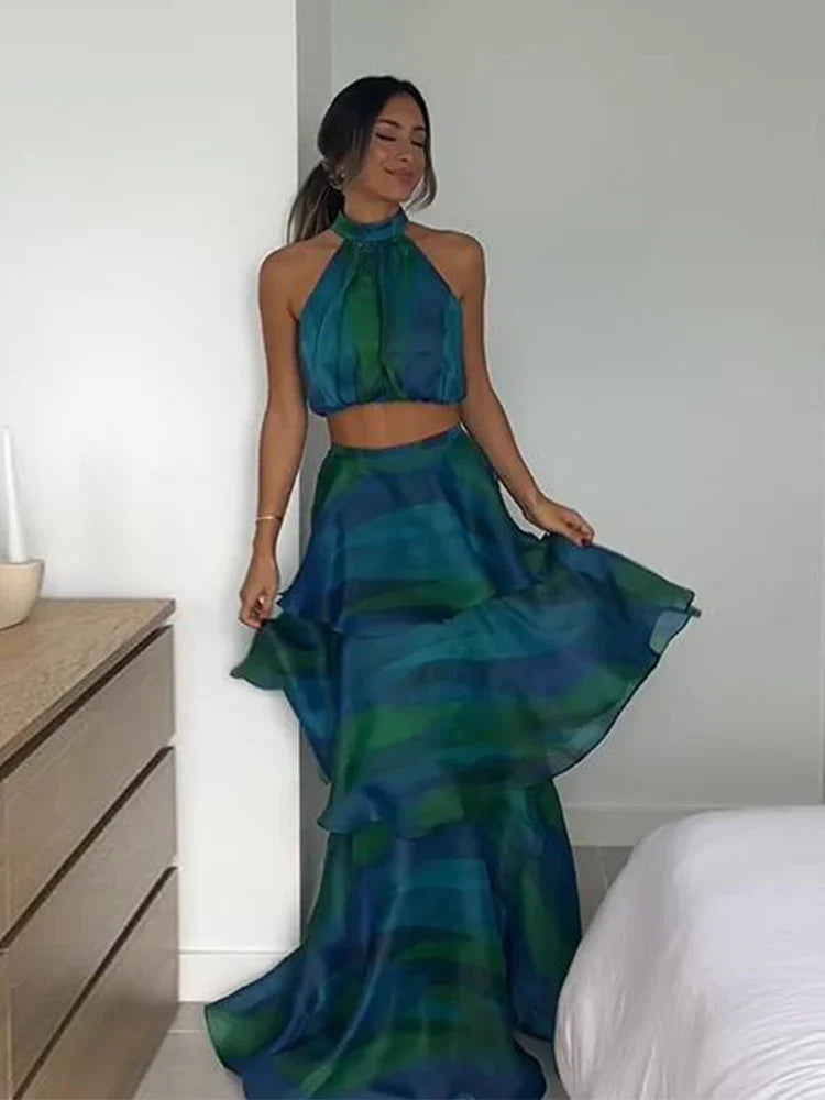 Printed Halter Top & Ruffles Half Skirt Set Fashion Crop Pullover And Long Skirts Suit 2024 Spring Summer Holiday Dress Bohe