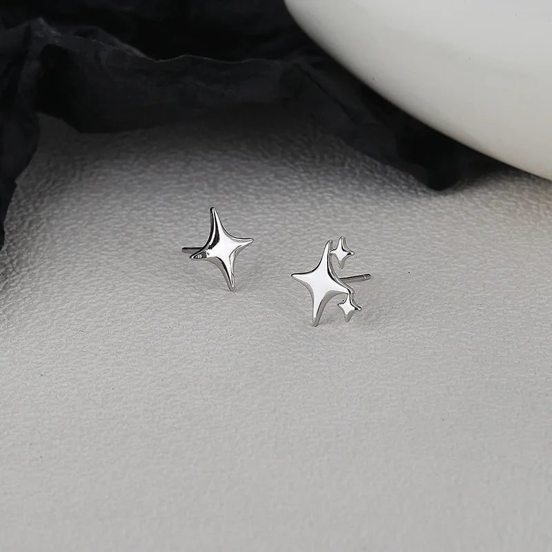 CIAXY Silver Color Asymmetric Four-pointed Star Earrings for Women Super Fairy Stud Earring Simple Jewelry Hot Sale Gift