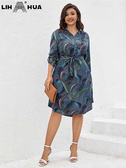 LIH HUA Women's Plus Size Denim Dress Summer Chic Elegant Dress For Chubby Women's Woven Cotton Dress