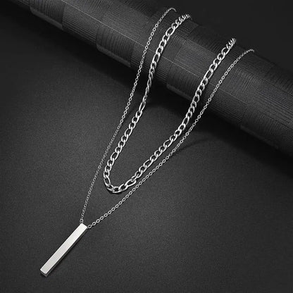 3D Vertical Bar Necklaces for Men Two Layer Stainless Steel Geometric Pendant Snake Chain Cuban Chain Fashion Necklace