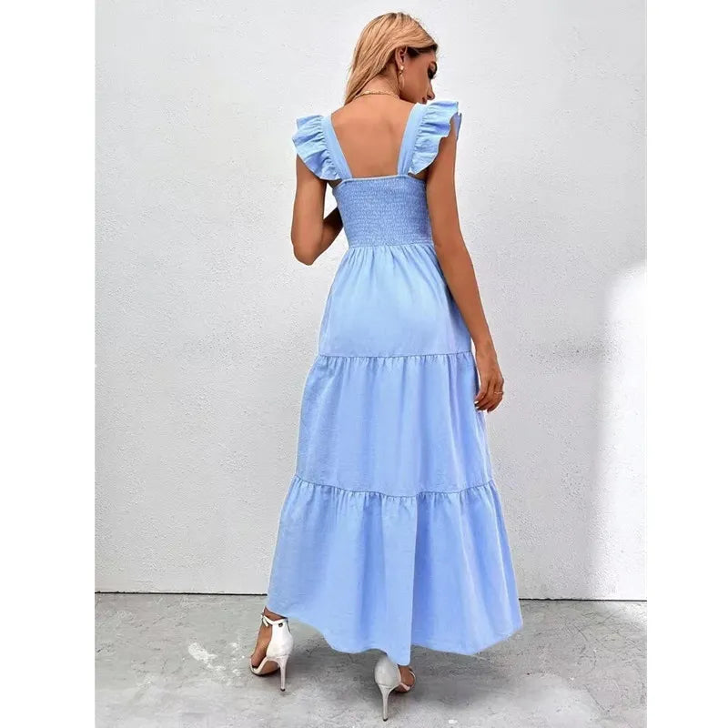 Bikoles 2023 Summer Square Collar Ruffles Sleeve Women's Casual Elegant Solid Patchwork Pleated Empire Lady Party Dress Vestidos