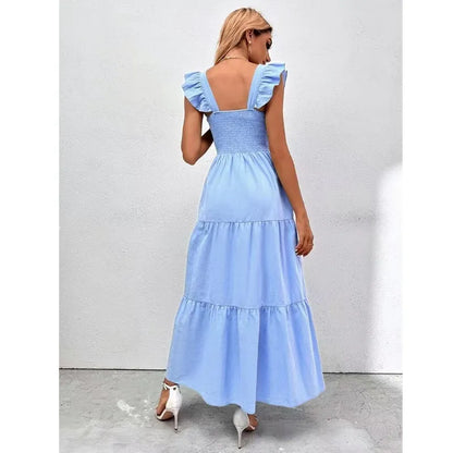 Bikoles 2023 Summer Square Collar Ruffles Sleeve Women's Casual Elegant Solid Patchwork Pleated Empire Lady Party Dress Vestidos