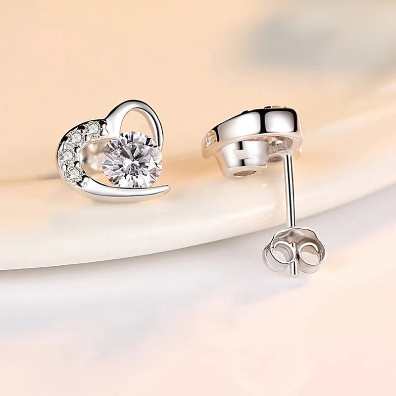 Real 925 Sterling Silver Crystal Jewelry New Heart Stud Earrings For Woman XY0201