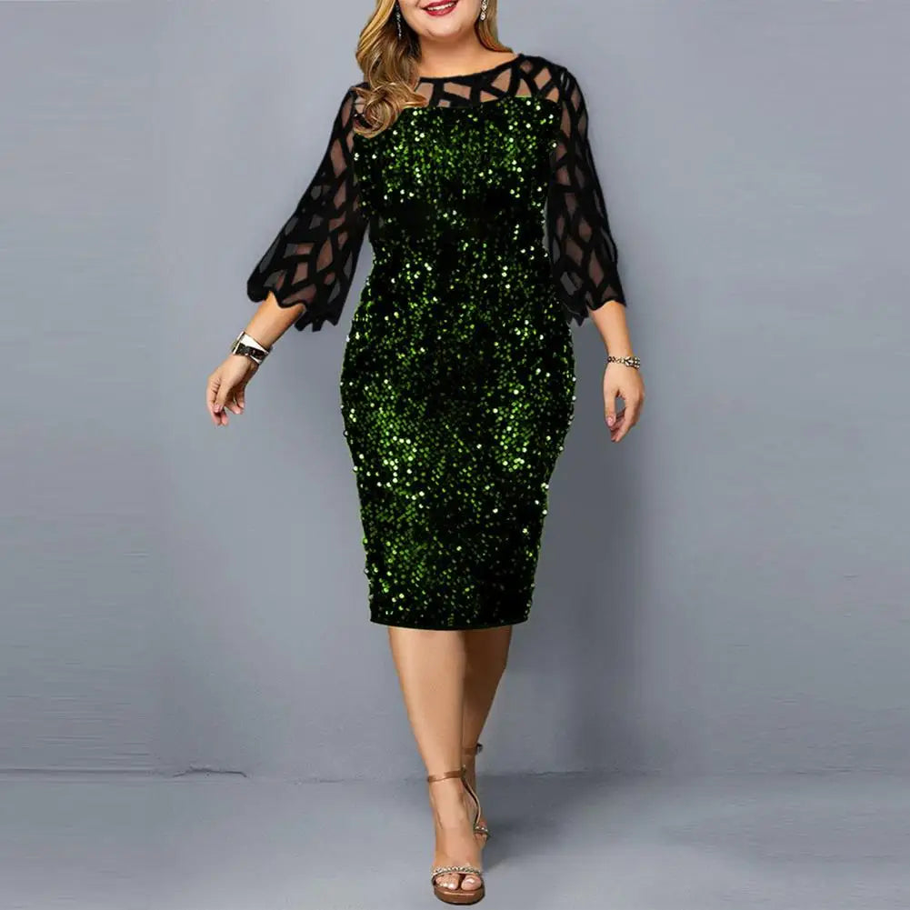 Bodycon Dress Beautiful Soft Evening Dress Sequins See-Through Mesh Patchwork Plus Size Lady Evening Dress Female Clothing