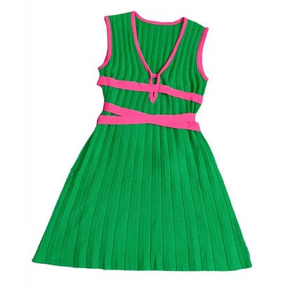 2024 Pleated Mini Knitted Dress Women Sexy Fashion V Neck Sleeveless Stitching Slim Summer Dresses Female Party Vestidos