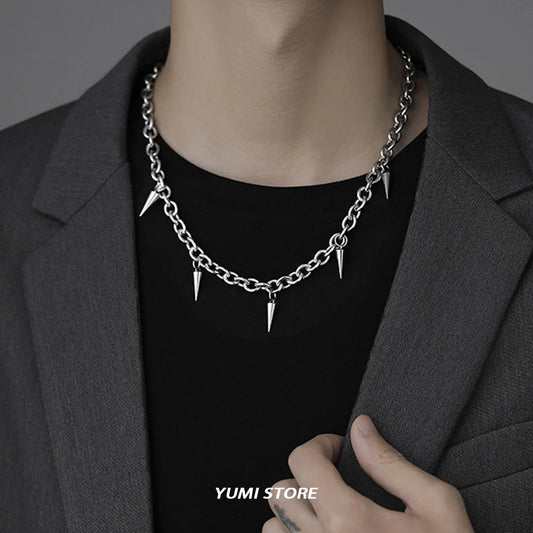 Hip Hop Rivet Necklace For Man Woman Titanium Steel Cone Pendant Sweater Chain Choker Jewelry Punk Male Cool Accessories